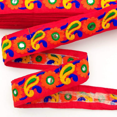 Red Floral Mirrored Trim With Orange Flowers And Yellow Paisley Embroidery, Decorative Trimming, Trim By 3 Yards